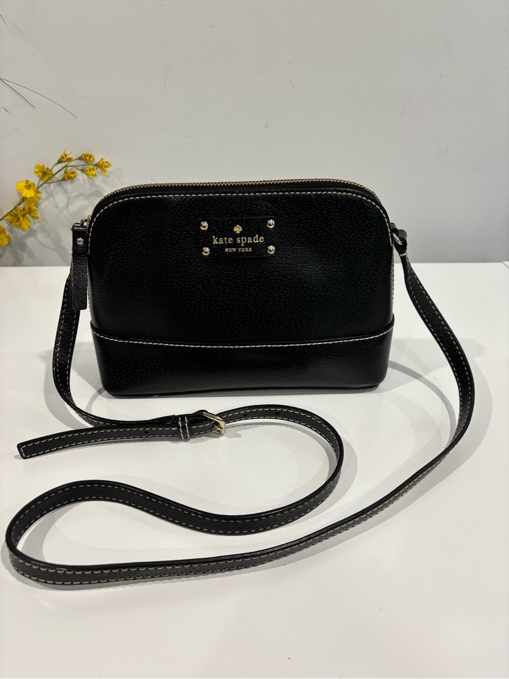kate spade Black Leather Pebbled Crossbody Bag with Gold Hardware